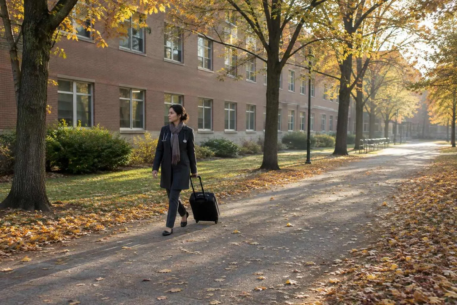 A physician in a wool coat pulls a small suitcase along a leaf-strewn path beside a brick building on an autumn morning.